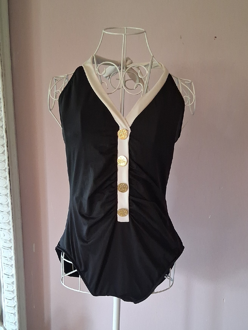 Ralph Lauren Black Sleeveless Bodysuit with White Trim & Gold Buttons Size 14